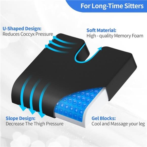 Gel Wheelchair Seat Cushion Set Memory Foam Back Support Pressure Relief Chair P - Picture 4 of 8